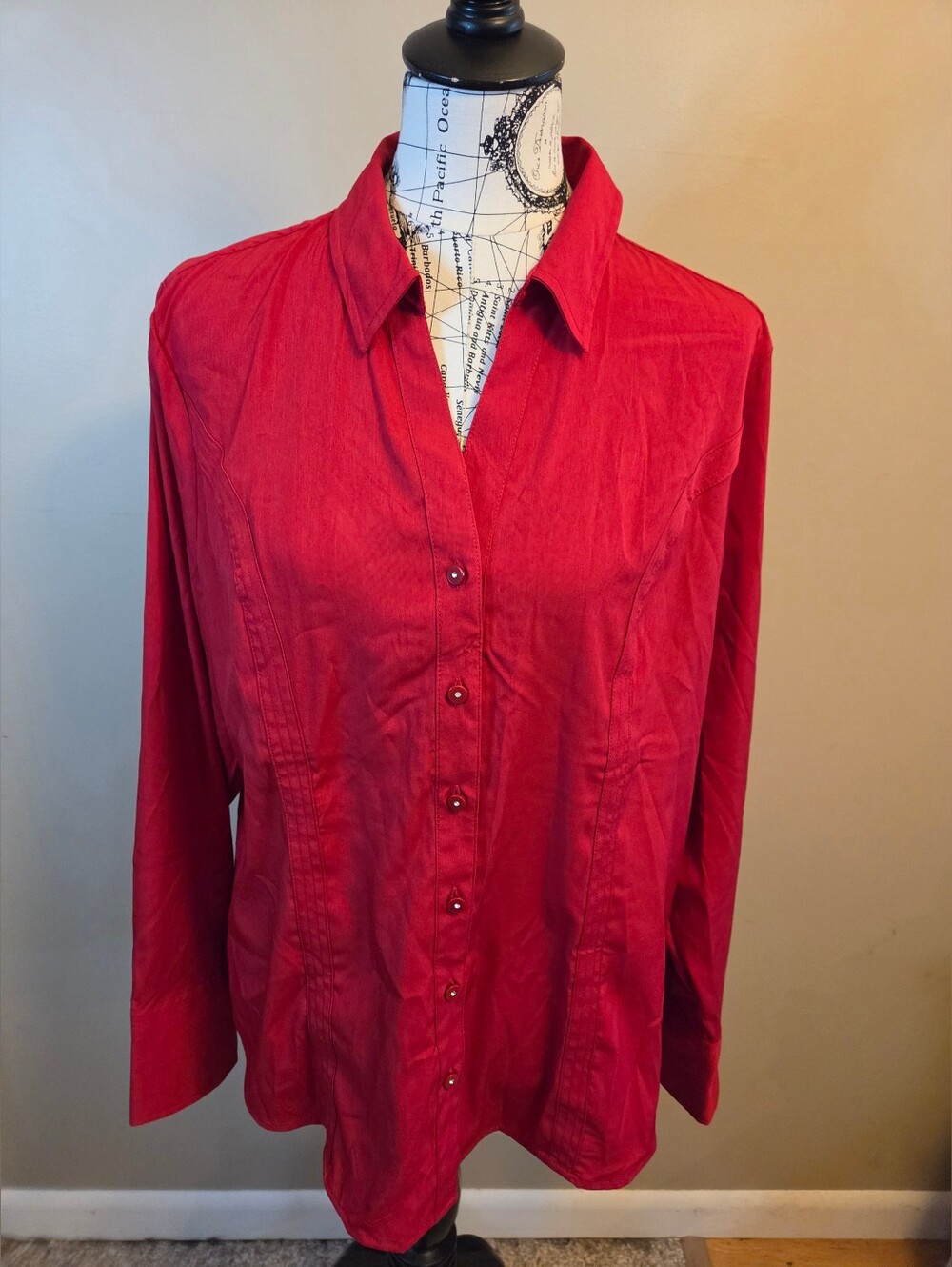 Cato Womens XL Red Button Down Blouse Rhinestone Buttons Stretch Long Sleeve